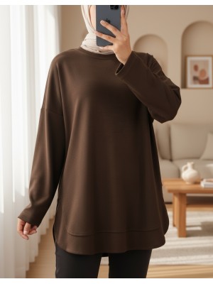 Oysho Sweat with Oval Cut Slit Skirt -Brown