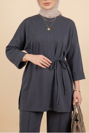 Yırtmaçlı Beli Bağcıklı Kolu Katlamalı Pantolonlu Oyşo Takım  -Füme