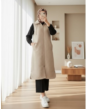 Zippered Hooded Long Quilted Vest with Pockets -Stone