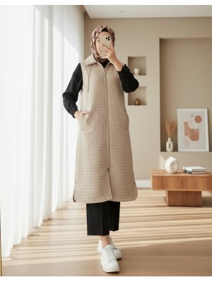 Fermuarlı Kapşonlu Cepli Uzun Kapitone Yelek -Taş