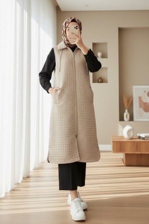 Fermuarlı Kapşonlu Cepli Uzun Kapitone Yelek -Taş