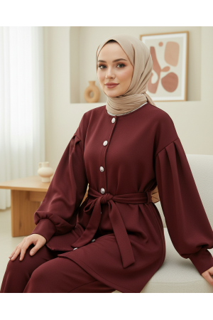 Scuba Suit with Belted Waist and Buttoned Front Trousers -Maroon