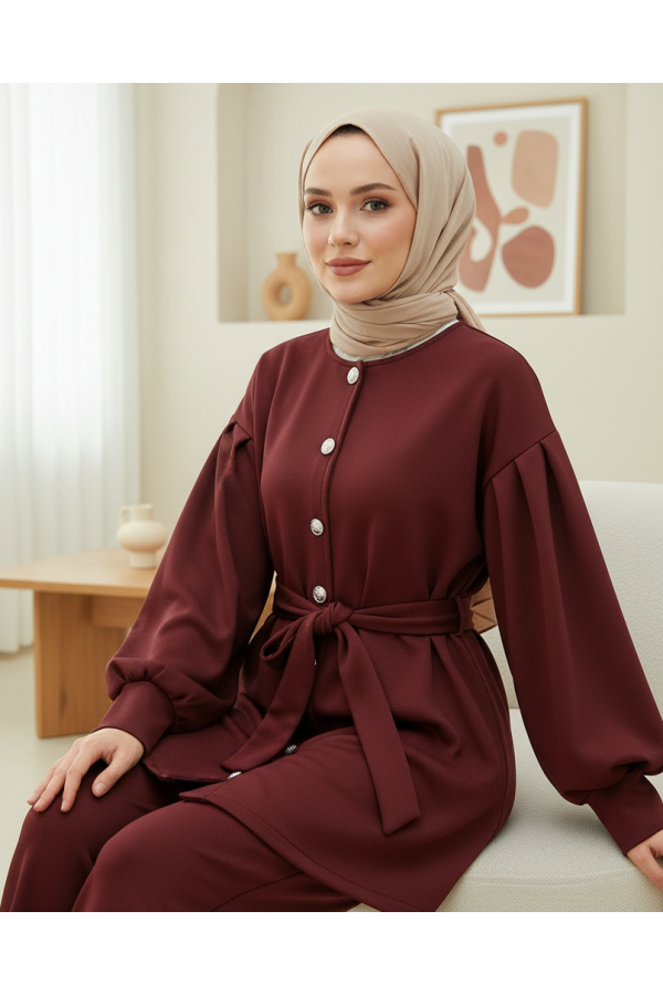 Scuba Suit with Belted Waist and Buttoned Front Trousers -Maroon