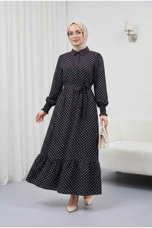 Tie-up Sleeve Elasticated Half-Button Shirt Collar Polyviscose Dress -Black