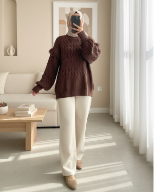 Balloon Sleeve Tassel Knitwear Sweater -Brown