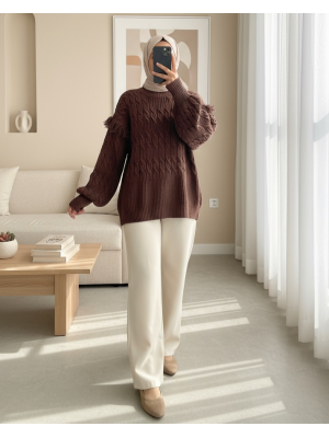 Balon Kol Püsküllü Triko Kazak -Kahve