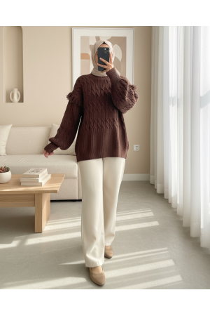 Balloon Sleeve Tassel Knitwear Sweater -Brown
