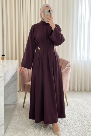 Pileli Beli Kemerli Toka Detaylı Modal Elbise -Mürdüm