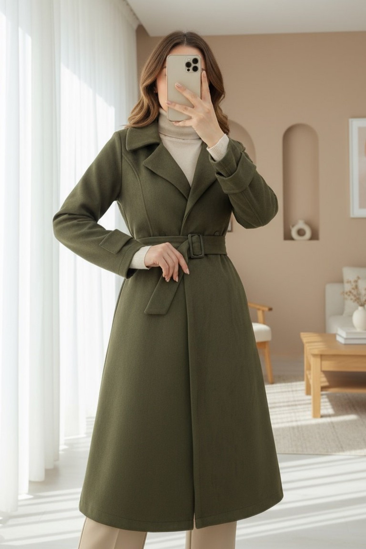 Waist Belted Suede Coat with Pocket -Khaki