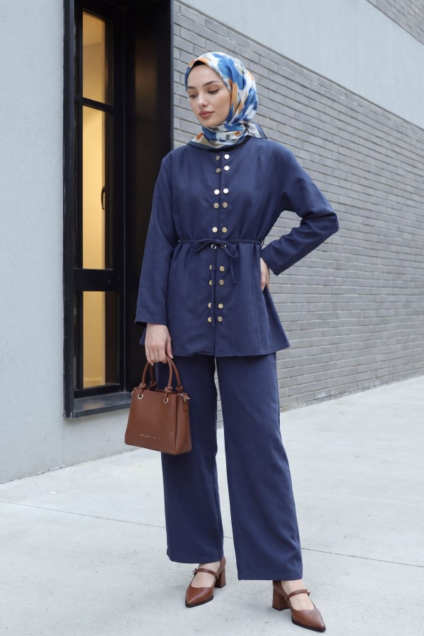 Modal Suit with Double Snap Button Detail, Round Neck, Wide Leg Trousers -Navy blue