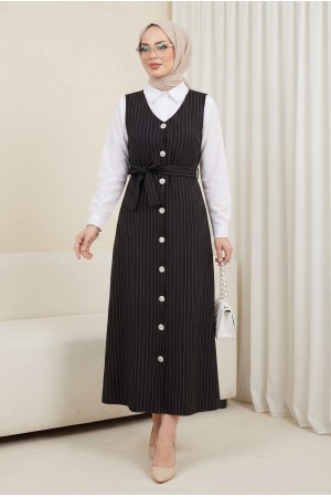 Boydan Düğmeli Kuşaklı Çizgili Jile -Siyah