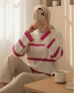 Salaş Kollu Çizgili Triko Kazak -Ekru