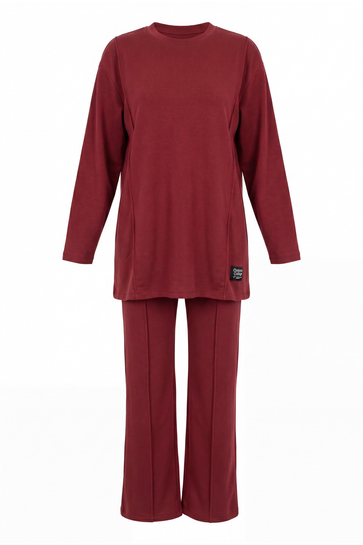 Crew Neck Cotton Jersey Set with Text Detail and Elastic Waist Trousers -Maroon