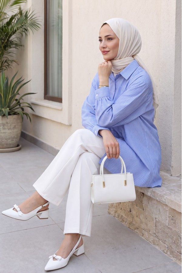 Striped Shirt with Sprinkled Stone Detail -Blue