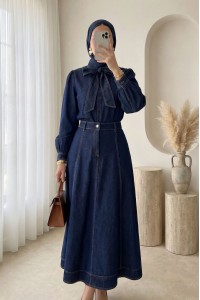 Yakası Bağlamalı Fermuarlı Etekli Kot Takım -K.Laci