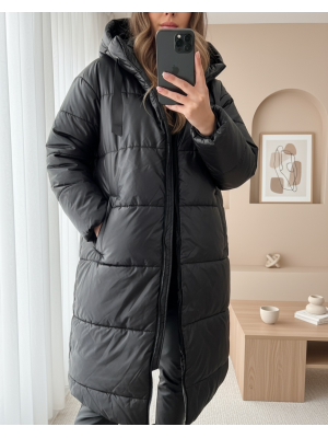 Hooded Lace Detail Zippered Puffer Jacket -Black