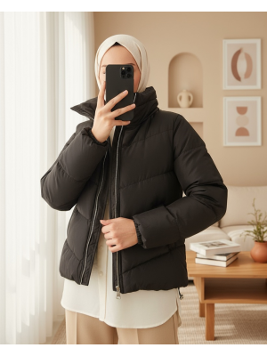 5205 Dik Yaka Fermuarlı Şişme Mont - Siyah