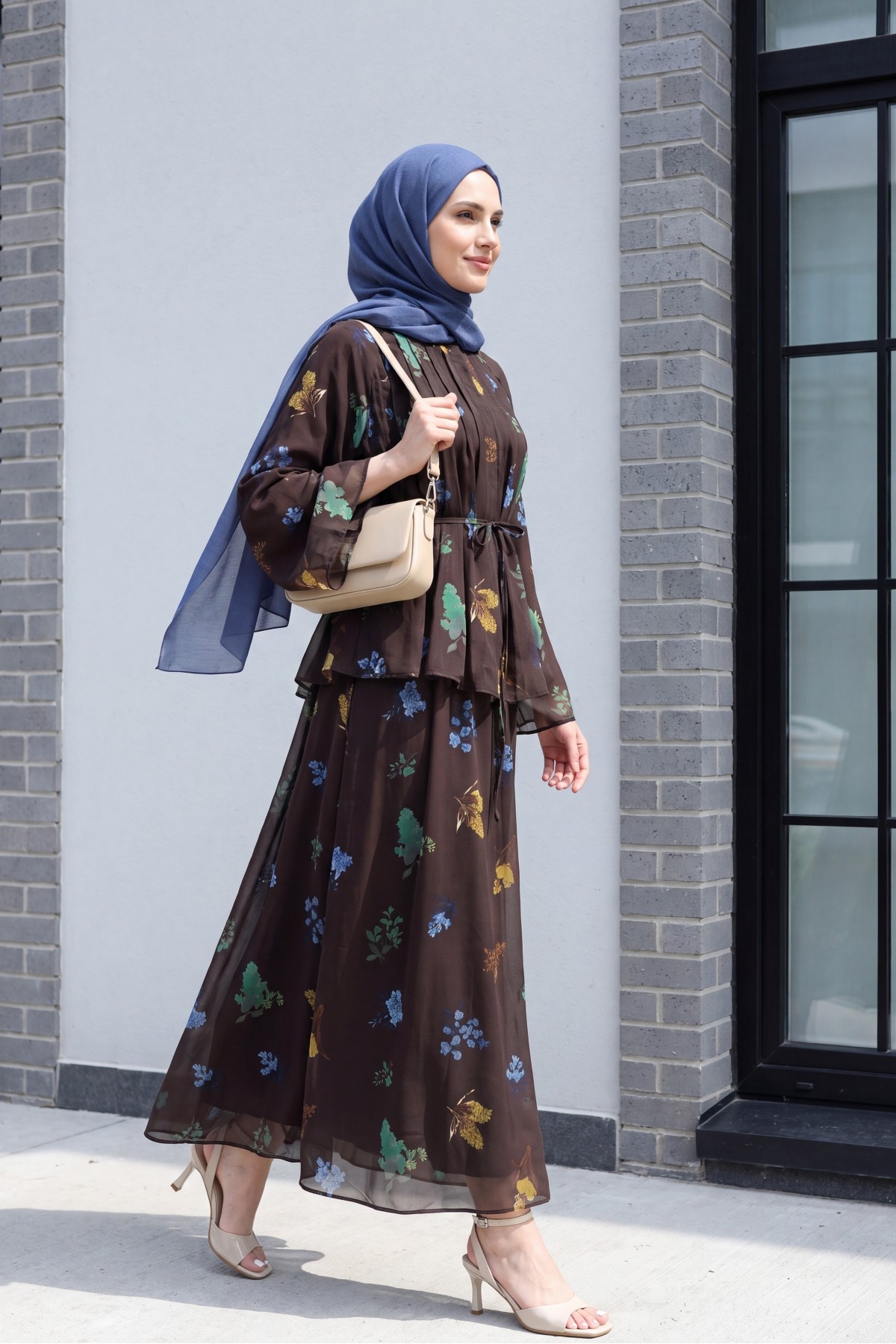 Spanish-style chiffon set with lined sleeves, belt, and floral skirt. -Dark Coffee