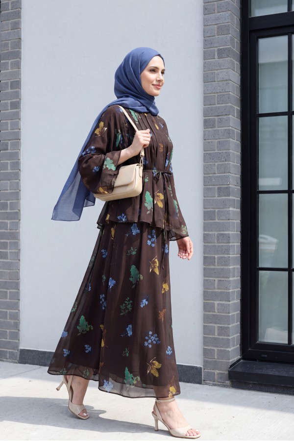Spanish-style chiffon set with lined sleeves, belt, and floral skirt. -Dark Coffee