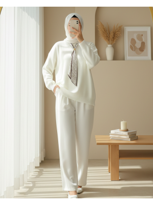 Yuvarlak Yaka Fularlı Salaş Triko Tunik -Ekru