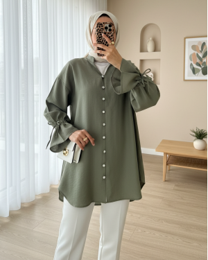 Long Sleeve Laced Back Buttoned Shirt -Khaki