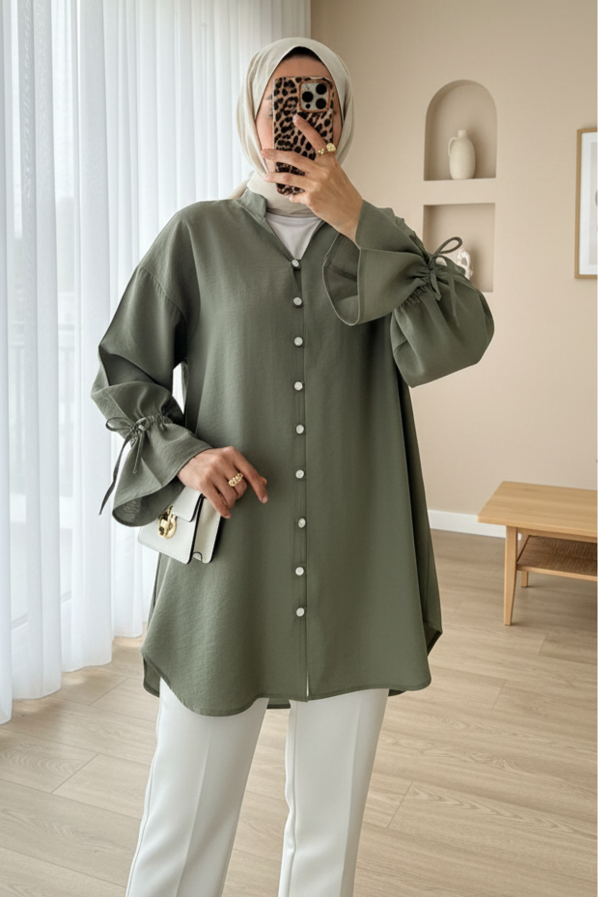 Long Sleeve Laced Back Buttoned Shirt -Khaki