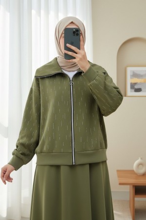 Zippered Front Turtleneck Stone Detailed Scuba Suit -Khaki