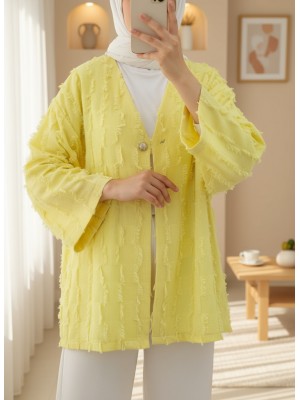 Fringed Single Button Square Patterned Kimona -Yellow