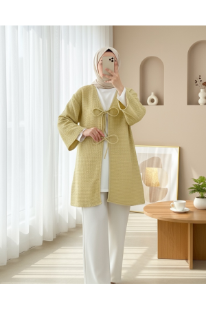 Honeycomb Pattern Kimono with Double Lace Front -Oil Green