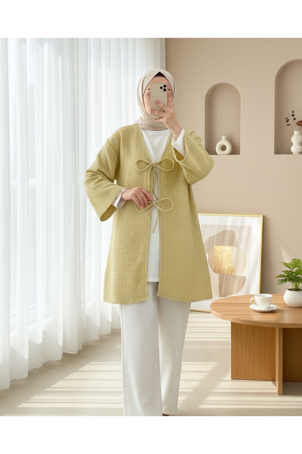 Önü Çift Bağcıklı Petek Desen Kimono -Yağ Yeşili