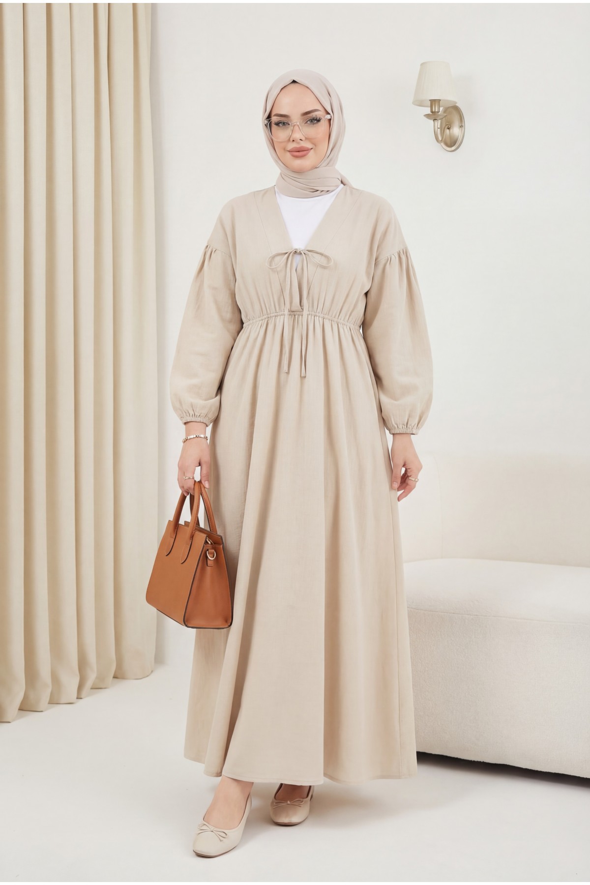 Muslin Dress with Elasticated Waist and Sleeves, Tied Collar -Stone