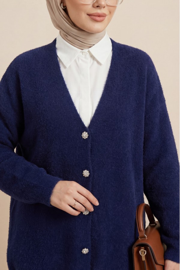 Buttoned Front Bearded Casual Knit Cardigan    -Navy blue
