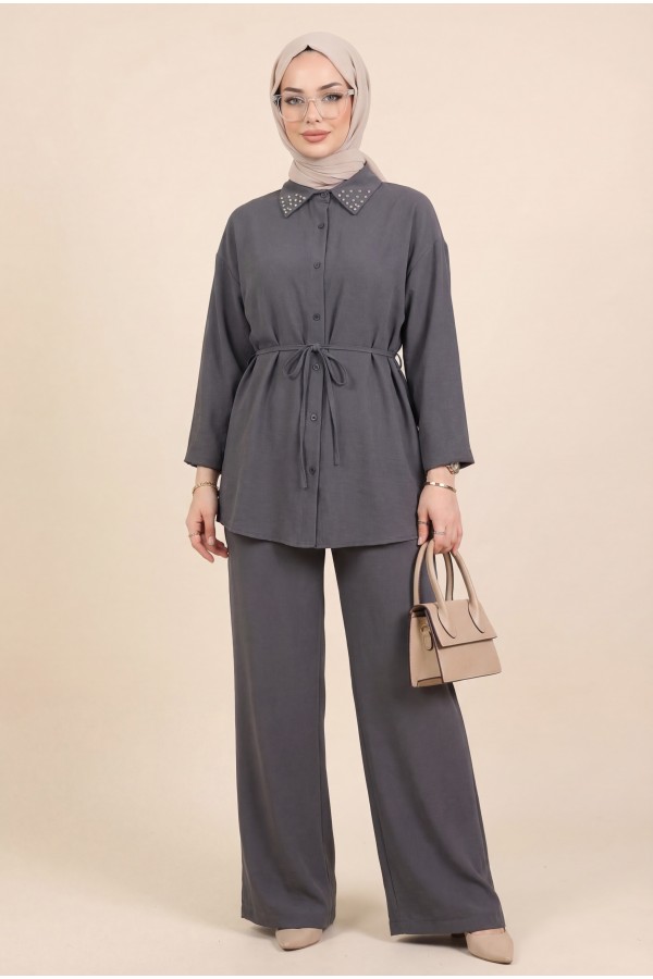 Stone Collared Waist Tied Trouser Suit -Smoked 