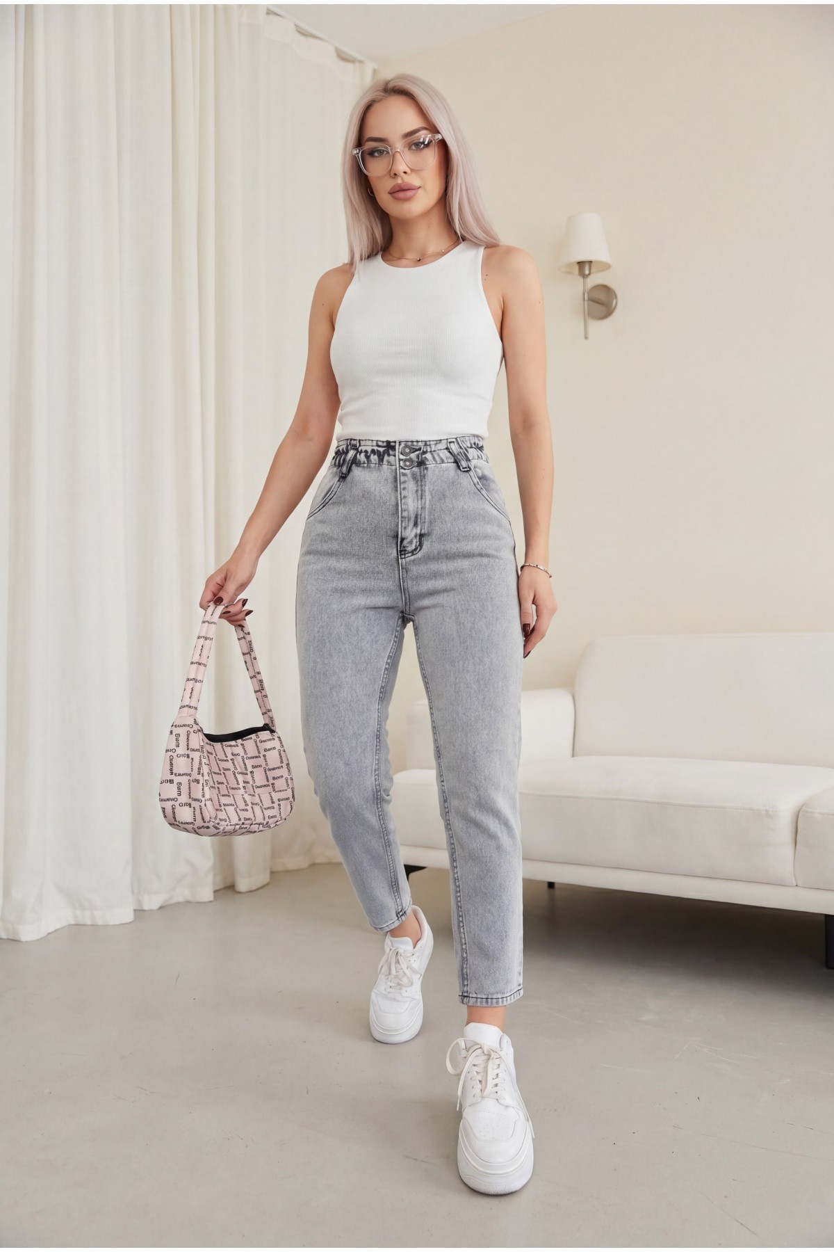 Beli Lastikli Yüksek Bel Kot Pantolon -Füme