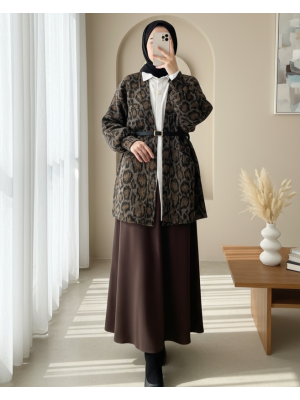 Leopar Desenli Balon Kol Salaş Ceket  -Füme