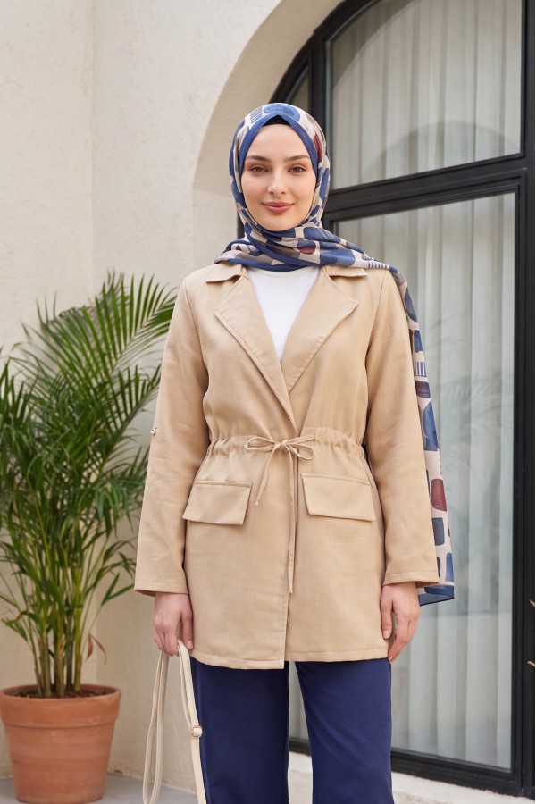 Linen-look kimono with tunnel lace-up detail and pockets. -Mink color