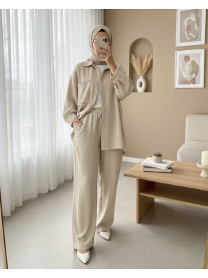 Körüklü Cepli İkili Keten Takım  -Bej