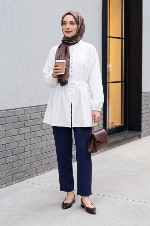 Poplin Shirt with Belted, Elasticated Cuffs, Button Front, and Fold Detail -White