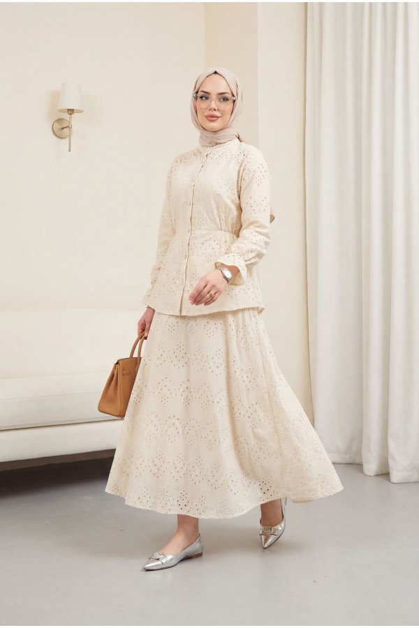 Waist Tight Shoulder Stone Detailed Scalloped Suit  -اللون البيج