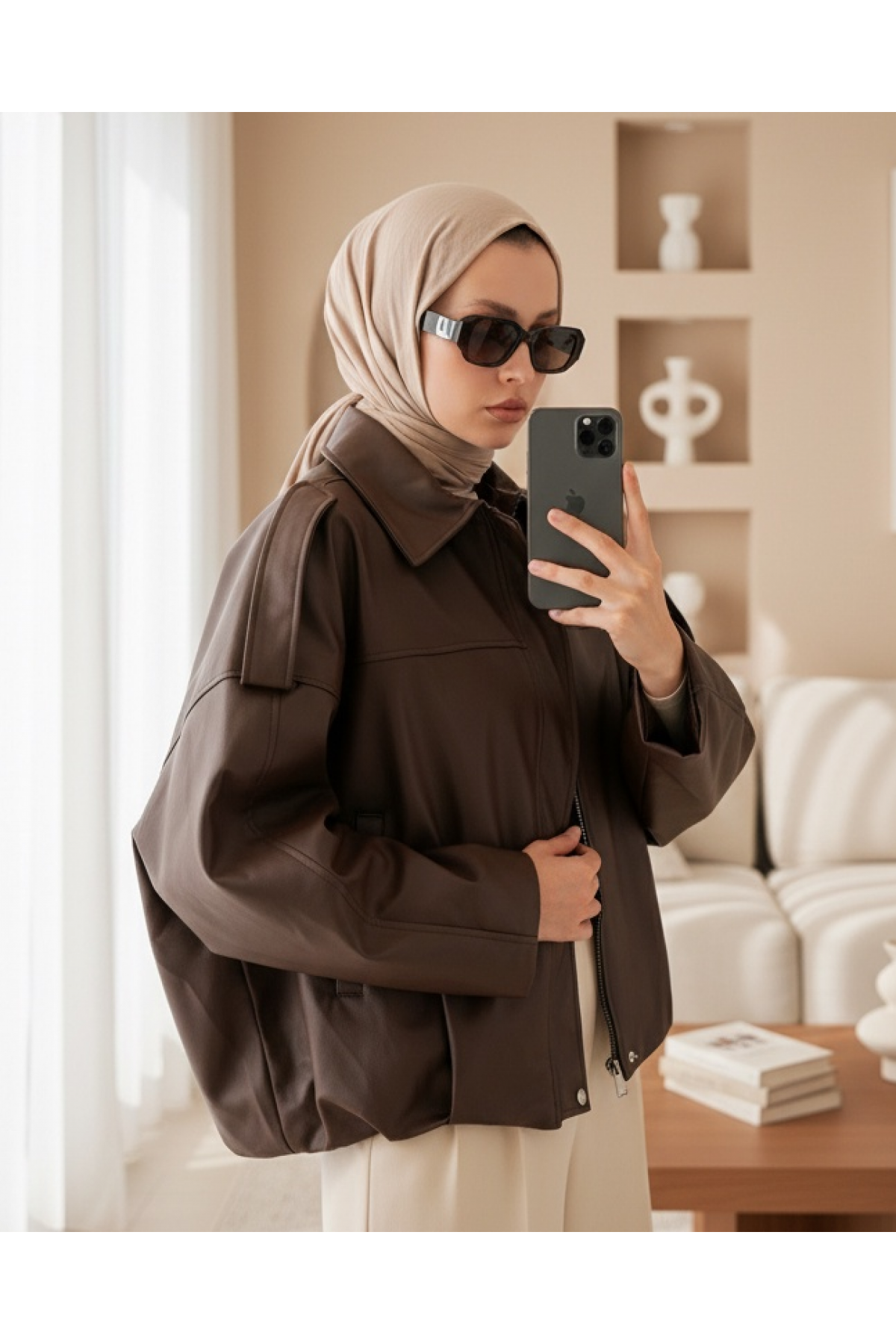Kadın Oversize Deri Ceket 1055 - Kahverengi