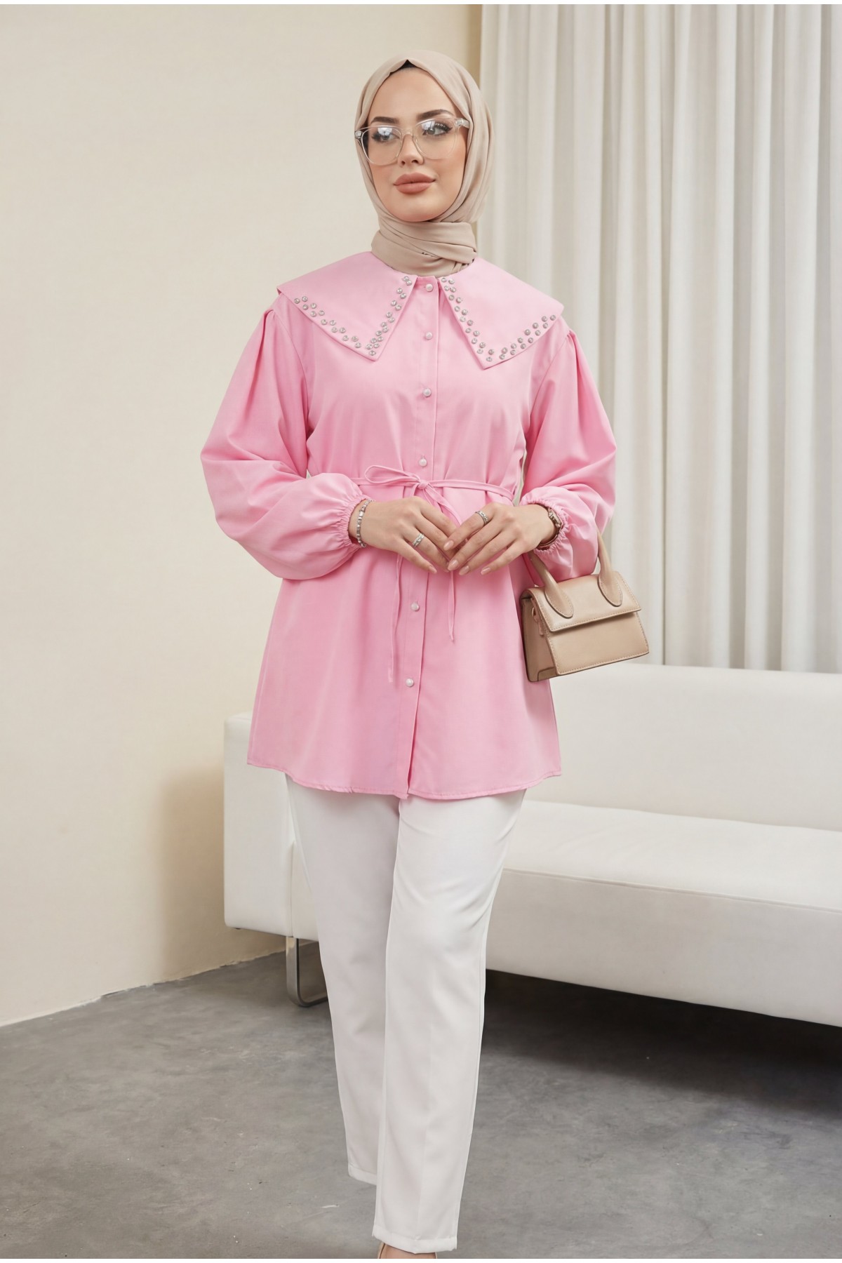 Wide Collar Shirt with Stone Embellished Collar, Elasticated Sleeves, Button Closure and Drawstring -Pink
