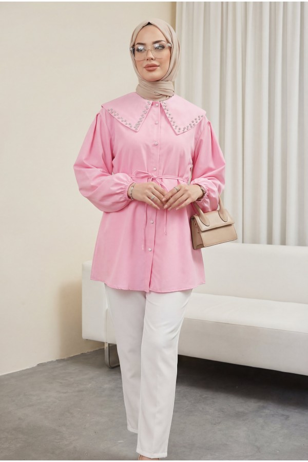 Wide Collar Shirt with Stone Embellished Collar, Elasticated Sleeves, Button Closure and Drawstring -Pink