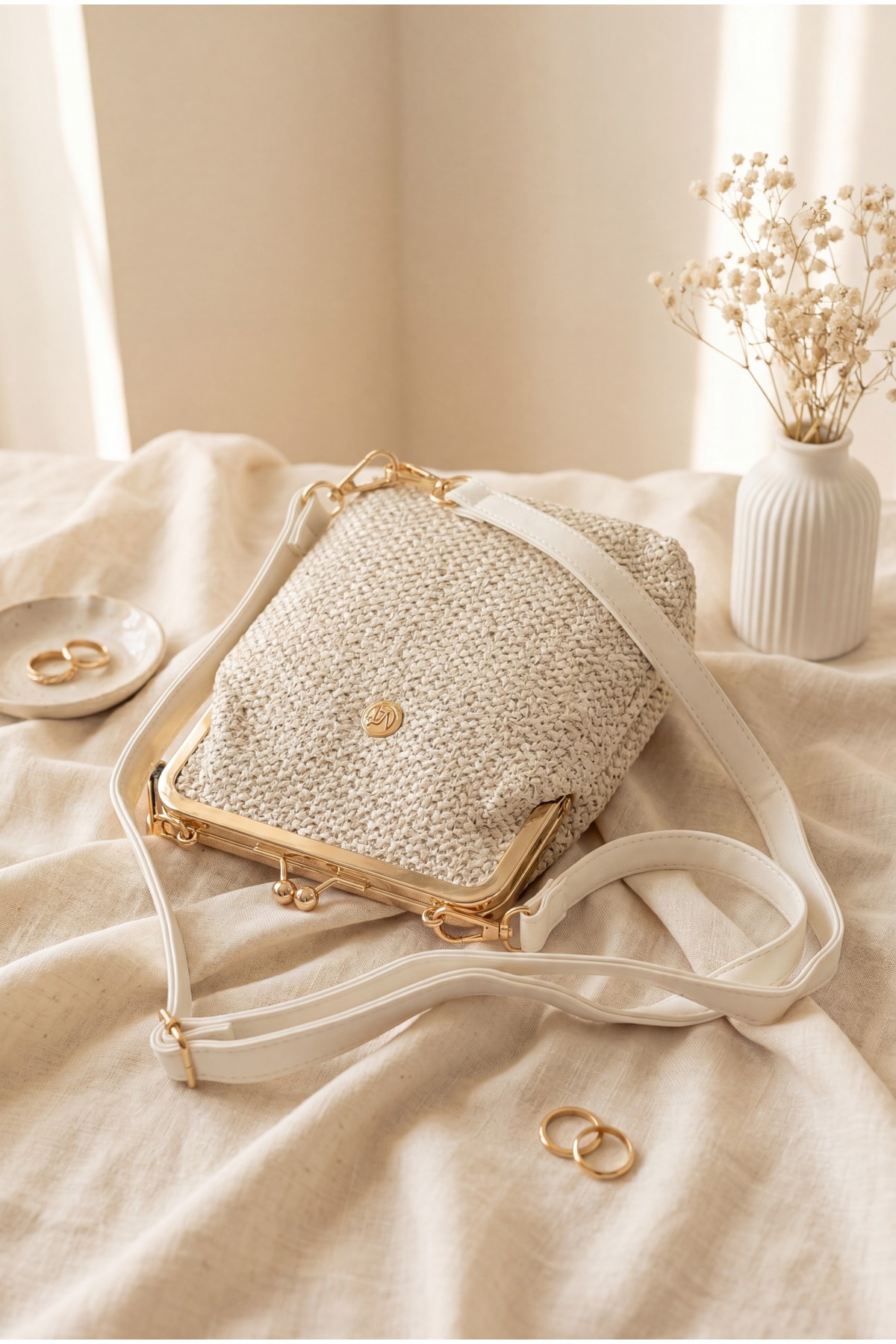 Nostalgic Clip-On Patterned Vertical Design Crossbody Bag -Stone