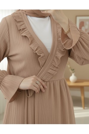 Kolu Lastikli Önü Fırfırlı Bağcıklı Krinkıl Kimono Takım -Somon