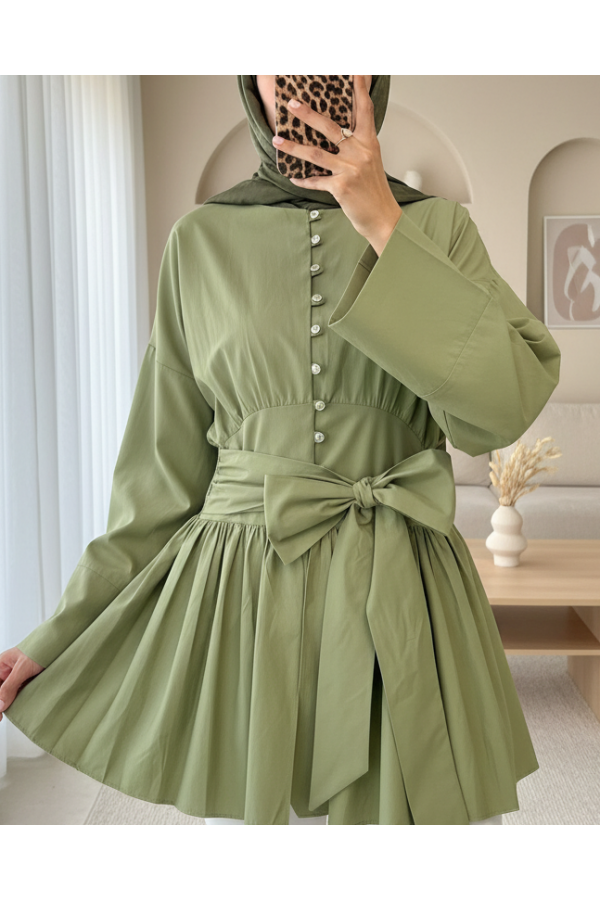 Tied Waist Tunic with Stone Buttons Throughout -Cagla Green