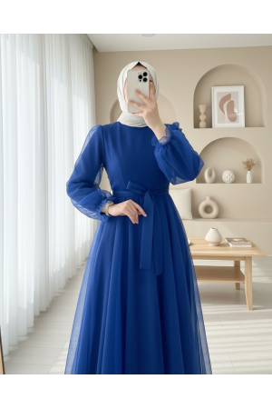 Kabarık Kol ve Etekli Kuşaklı Tül Abiye -Saks