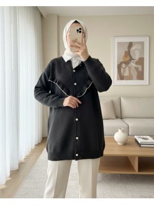 Önü Fırfırlı İncili Düğmeli Triko Hırka -Siyah