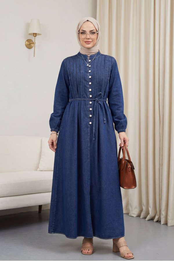 Denim Dress with Elasticated Sleeves, Drawstring Waist, Half Button Closure, and Fold-Front Detail -Navy blue