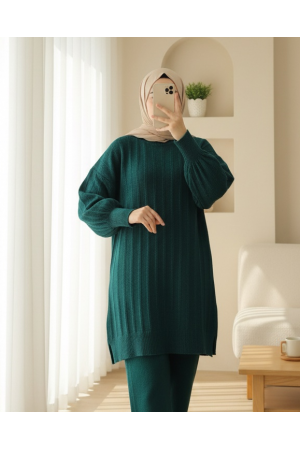 Fitilli Yırtmaçlı Yumoş Triko Tunik -Zümrüt