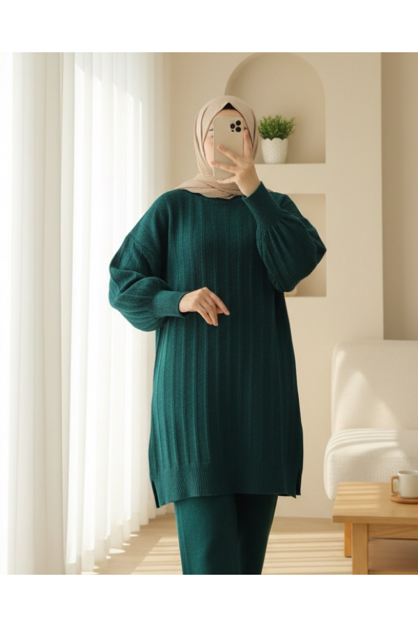 Fitilli Yırtmaçlı Yumoş Triko Tunik -Zümrüt